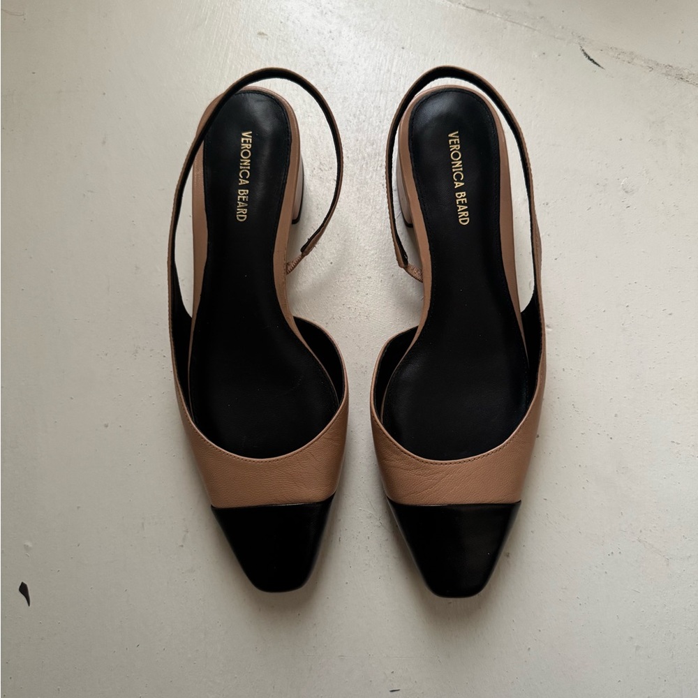 Veronica Beard Tan and Black Pointed-Toe Slingback Flats - Picture 9 of 15